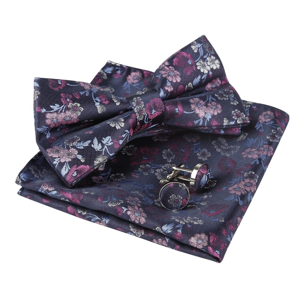 6888 Floral Pattern Pre-tied Bow Tie Pocket Square and Cufflinks Set